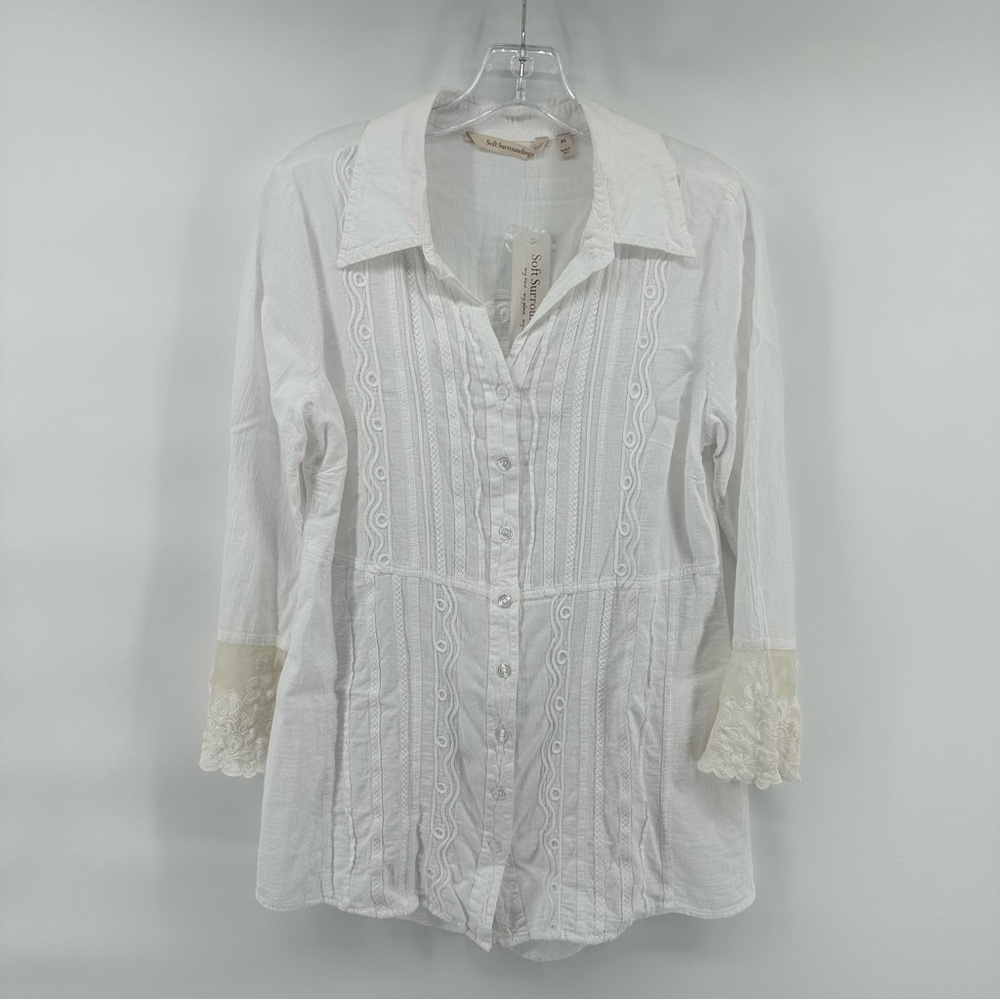 NWT Soft Surroundings Womens Top M Ivory Embroidered Lace Cuff Lagenlook Boho